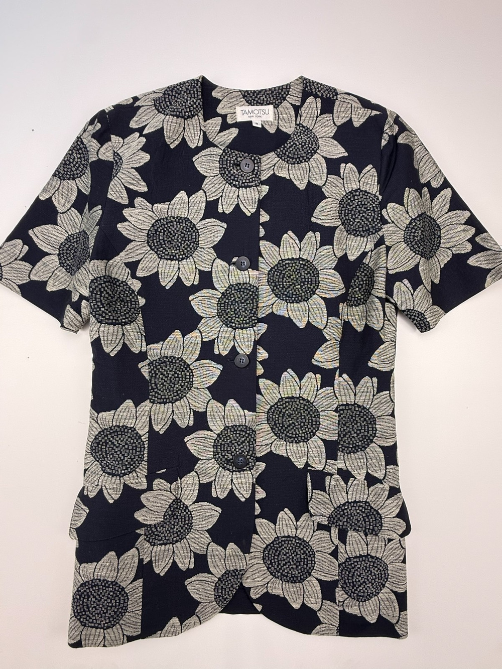 Tamotsu New York Metallic Sunflower Jacquard Peplum Top Navy Silver Size S VTG